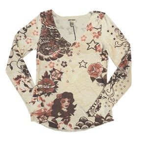 Vintage Lucky Brand Shirt Women's XL Waffle Ivory Tattoo Print Thermal